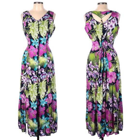 Vintage 90s Scarlett Midi Dress Button Front Tropical Print Funky Cottagecore 13 - Picture 1 of 16
